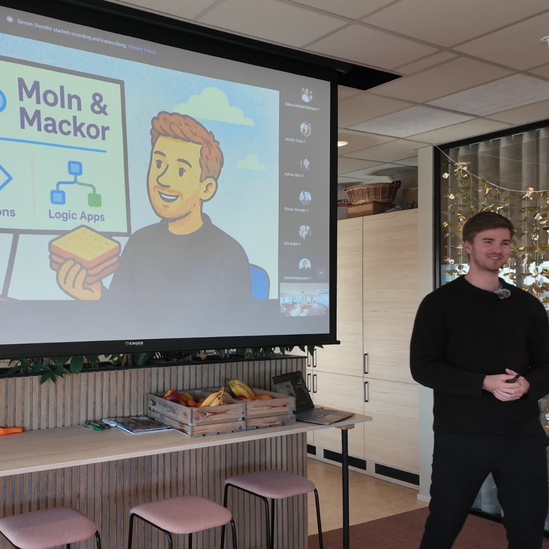 Simon Stender presenterar Azure Functions och Logic Apps under Moln & Mackor på Conticas kontor - Thumbnail