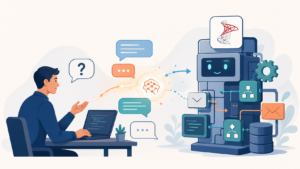Illustration som visar hur en utvecklare för en dialog med en BizTalk-miljö via en AI-agent – konceptbild för AI-driven BizTalk-analys