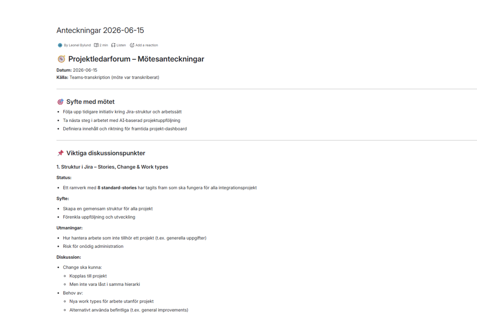 Mall för mötesanteckningar i Confluence